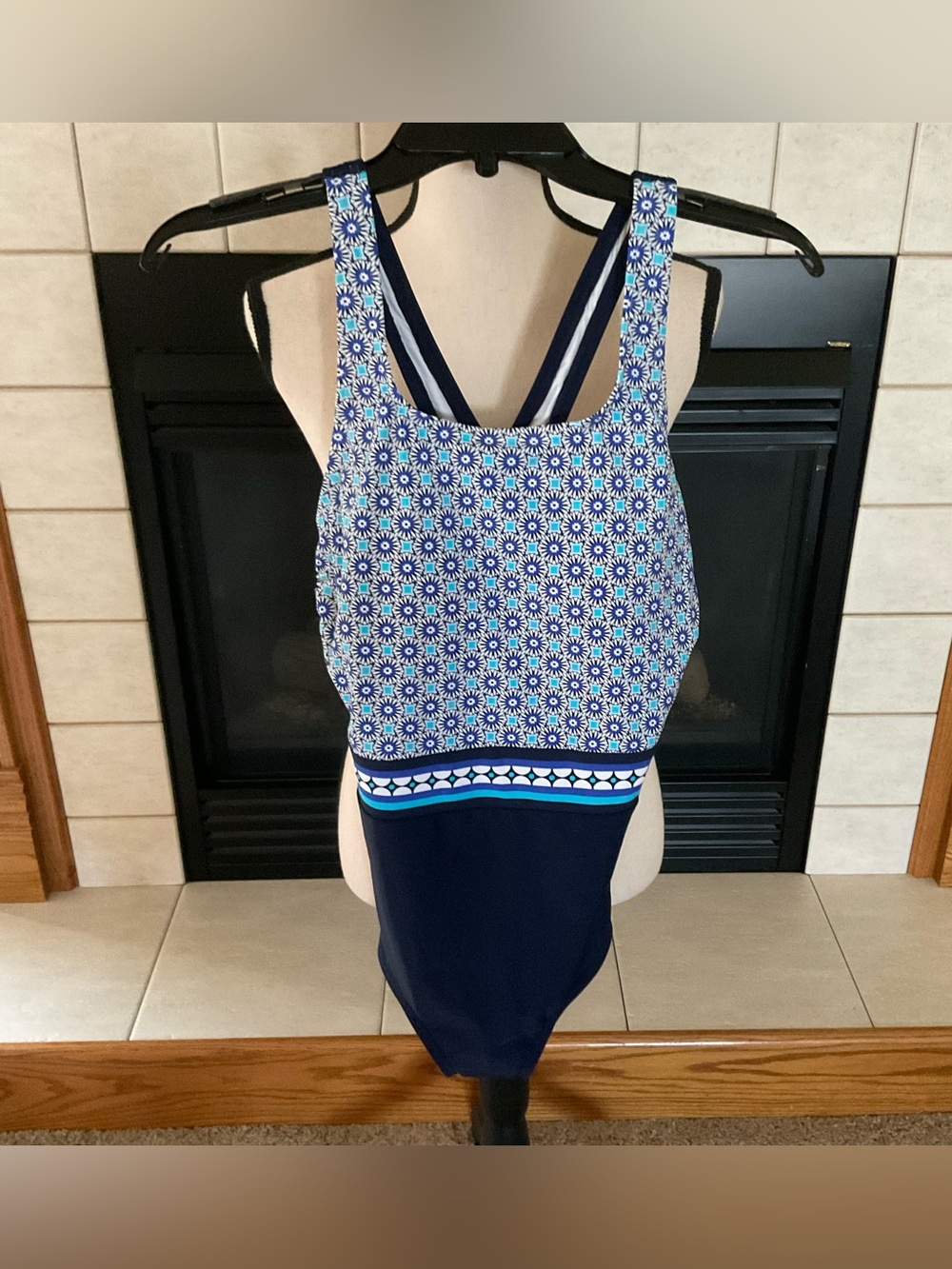 NWT Lands’ End One-Piece Blue Geometric Mosaic Print & Navy Bottom, Size M 10-12